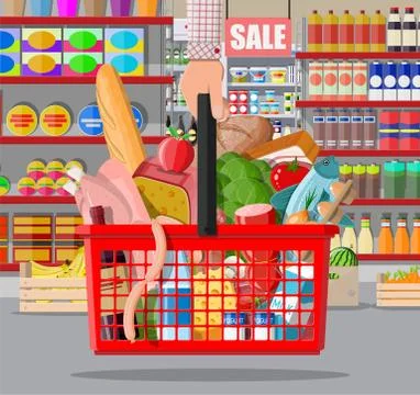 Supermarket store interior with goods. Stock Illustration