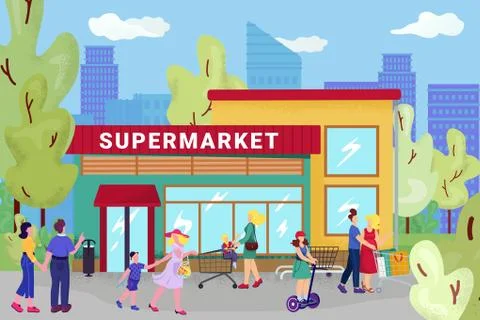 Supermarket store, vector illustration. Flat street with people character near Stock Illustration