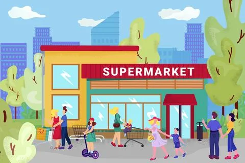 Supermarket store, vector illustration. Flat street with people character near Stock Illustration