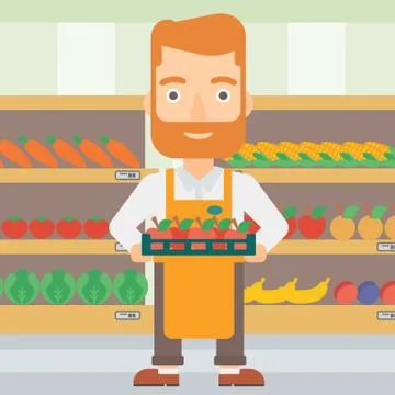 Supermarket worker with box full of apples Stock Illustration