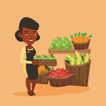 Supermarket worker with box full of apples Stock Illustration