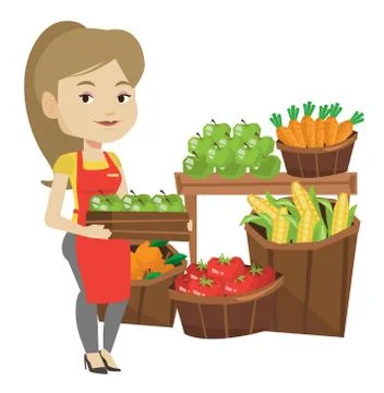 Supermarket worker with box full of apples Stock Illustration