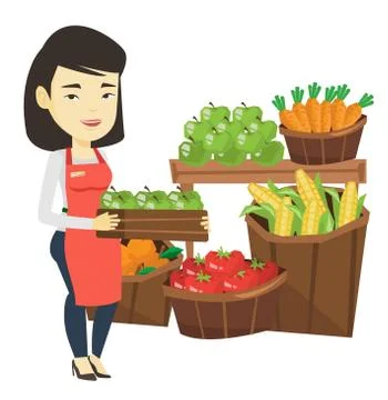 Supermarket worker with box full of apples Stock Illustration
