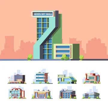 Supermarkets and hypermarkets flat vector illustrations set Stock Illustration