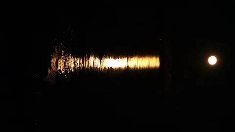 Supermoon casting an orange glow on calm lake waters Stock Footage 108969304