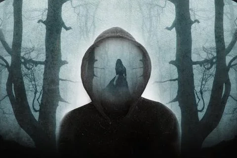 A supernatural concept of a double exposure of a ghostly woman Stock Illustration