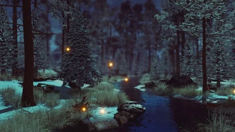Supernatural fairy lights in dark winter forest at early morning 4K Stock Footage