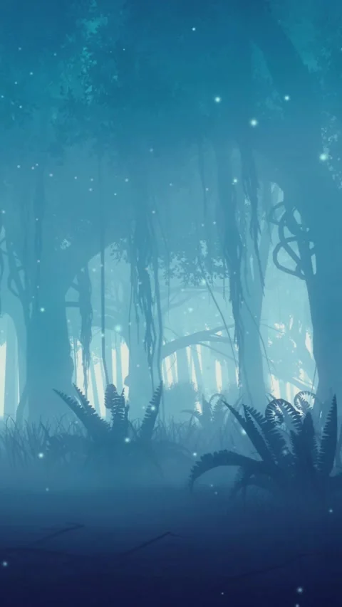 Supernatural firefly lights at misty night forest Stock Footage 346793871