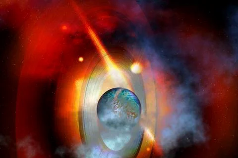 A supernova star explodes near a ringed planet. Stock Illustration