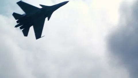 Supersonic bomber or armed warplane for attack slow mo. Skill for fly in blue cl Video stock 199488454