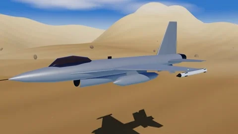 Supersonic multirole fighter jet flying low and fast through a sunlit desert Stock Footage 340877351