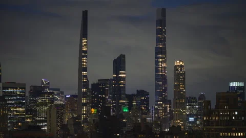Supertall Skyscrapers Focus Pull Night Stock Footage 254411992
