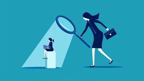 Supervise work. Managers use a magnifying glass to see employees at work Stock Illustration