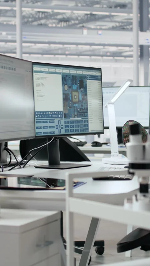 Supervising integrated circuits, monitors and microchip production office Stock Footage 335883344