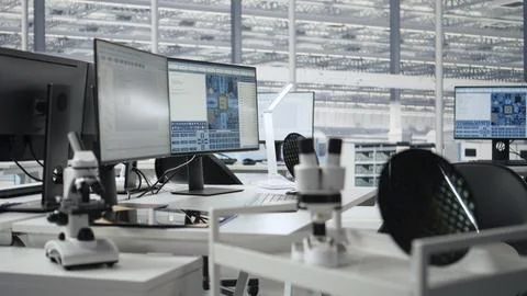 Supervising integrated circuits, monitors and microchip production office Stock Photos