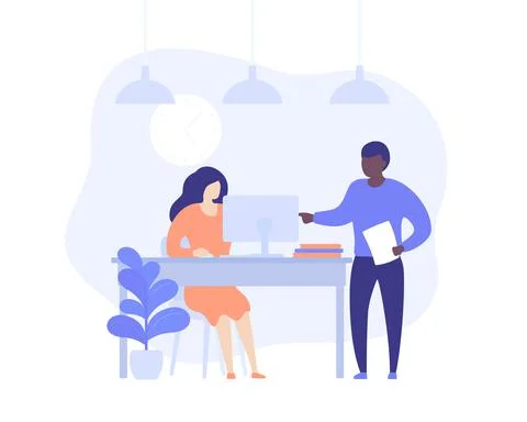 Supervisor and employe working at computer, vector Stock Illustration