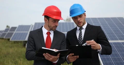 Supervisor Business Men Discuss Photovoltaic Cells Area Investment Collaboration Stock Footage