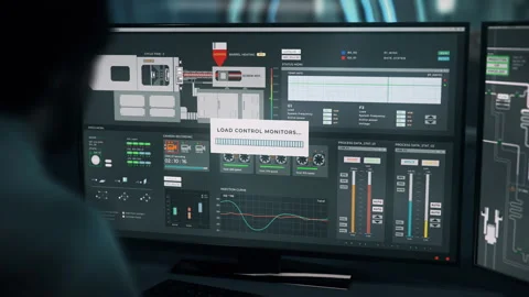 Supervisor controls the program monitoring the mechanical factory equipment Video stock 253186257