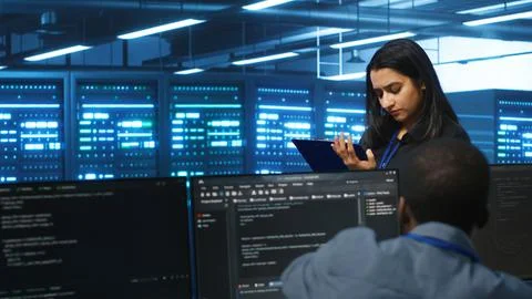 Supervisor doing inspection in server hub, monitoring energy consumption Stock Photos