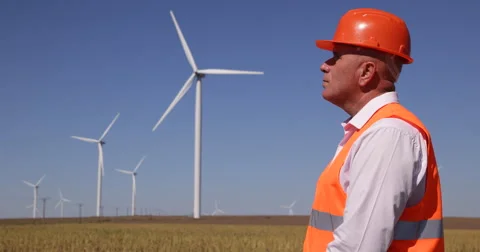 Supervisor Engineer Examine Windmills Farm Man Working Check Wind Turbines Field Stock Footage 55017480