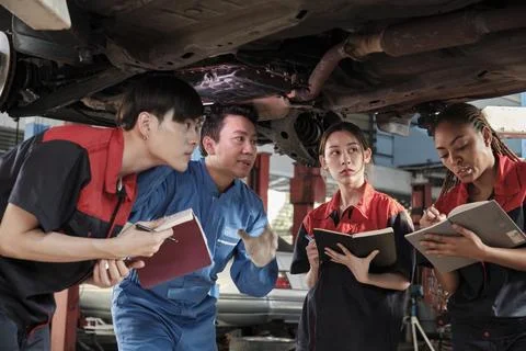 Supervisor engineer is teaching mechanic workers about car repair at a garage. Foto stock