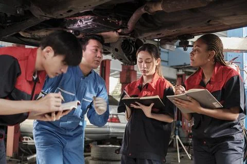 Supervisor engineer is teaching mechanic workers about car repair at a garage. Stock Photos