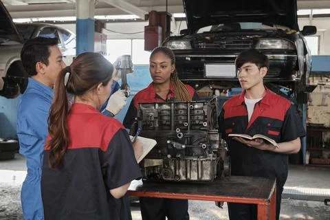 Supervisor engineer is teaching mechanic workers about car engines at a garage. Foto stock