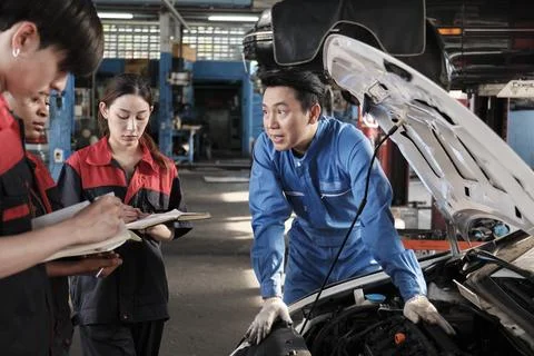 Supervisor engineer is teaching mechanic workers about car repair at a garage Foto stock