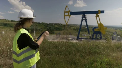 Supervisor engineer woman using a tablet pc inspecting extracting oil pump un Stock Footage 82179002