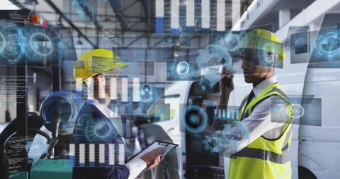 Supervisor guiding technician upon phone input as charts mapping telemetry for Stock Footage 317466666