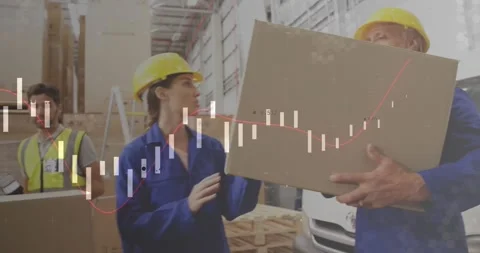 Supervisor guiding worker scanning barcode, handlers lifting box into warehouse Stock Footage 325962184