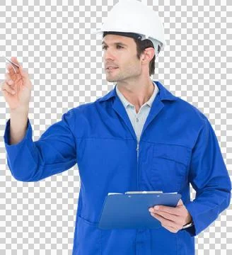 Supervisor inspecting while holding clip board Stock Photos