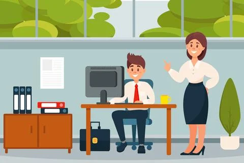 Supervisor manager checking work of office staff and giving advice in office Stock Illustration
