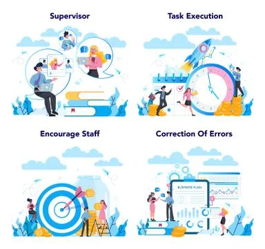 Supervisor manager concept. Specialist guiding employees with their 스톡 일러스트