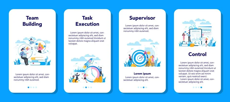 Supervisor manager mobile application banner set. Specialist guiding 스톡 일러스트