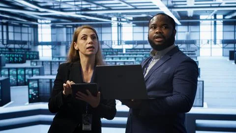 Supervisor in server farm overseeing engineer fixing network issues Foto stock