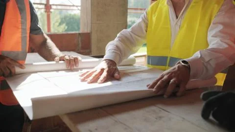 Supervisor Showing Building Plans To Workers In New House Stock Photos