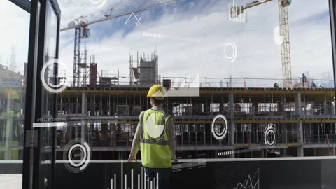 Supervisor stepping on platform, leaning on railing, monitoring construction Stock Footage 310663620