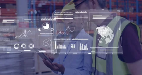 Supervisor swiping tablet in logistics hub initiating holographic charts Video stock 317185347