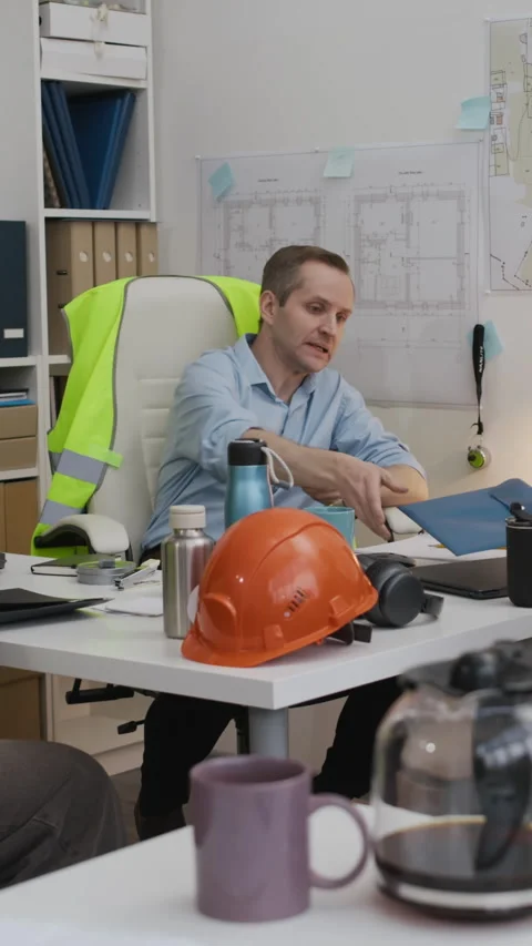 Supervisor Taking Documents from Foreman while Meeting in Construction Office Stock Footage 329619018