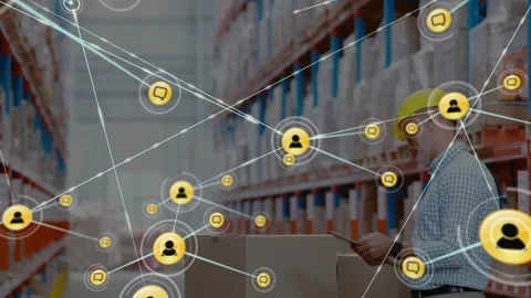 Supervisor tapping tablet in aisle, generating nodes growing across boxes, chats Stock Footage 332289500