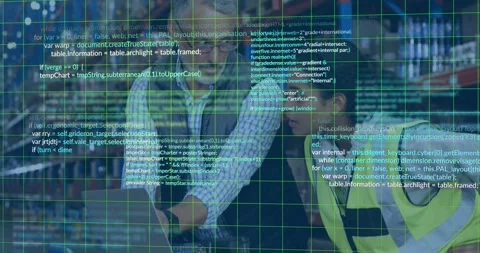 Supervisor typing on laptop, training operator while green code grid overlay Stock Footage 330397364