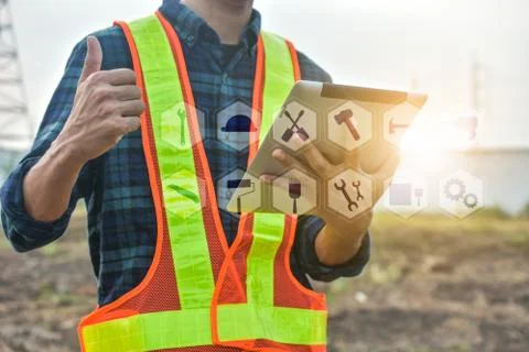 Supervisor use tablet checking inspection project building construction proje Stock Photos