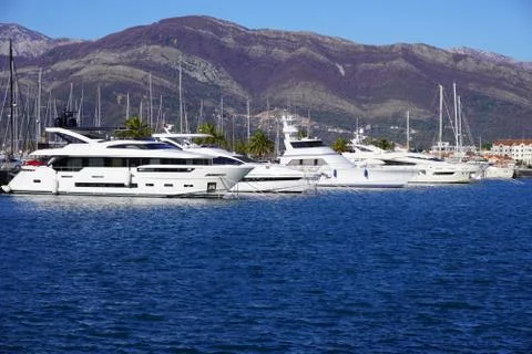 Superyachts lined up in Porto Montenegro Marina Stock Photos