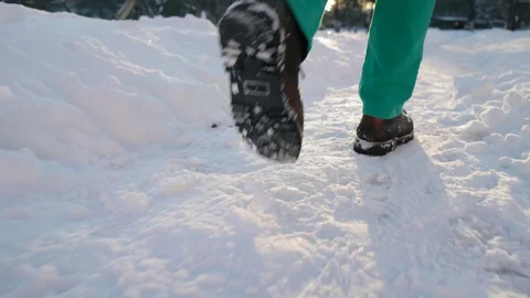 Supper Close Up Walking Man On Winter Snowy Trail. Stock Footage 126238266