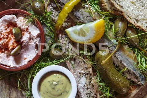 A Supper Platter With Fish, A Salmon Spread And A Dip (York, England)