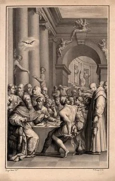 The supper of Saint Gregory. Drawing by F. Rosaspina, c. 1830, after G. Vasar Stock Illustration