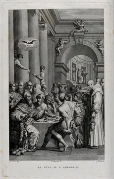 The supper of Saint Gregory: Saint Gregory seated at a table with his compa.. Stock Illustration