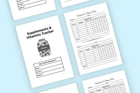 Supplement and vitamin tracker notebook KDP interior. Weekly vitamin and nutr Stock Illustration