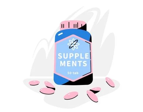 Supplement bottle and pills vector illustration. Modern vitamin jar with a .. Stock Illustration